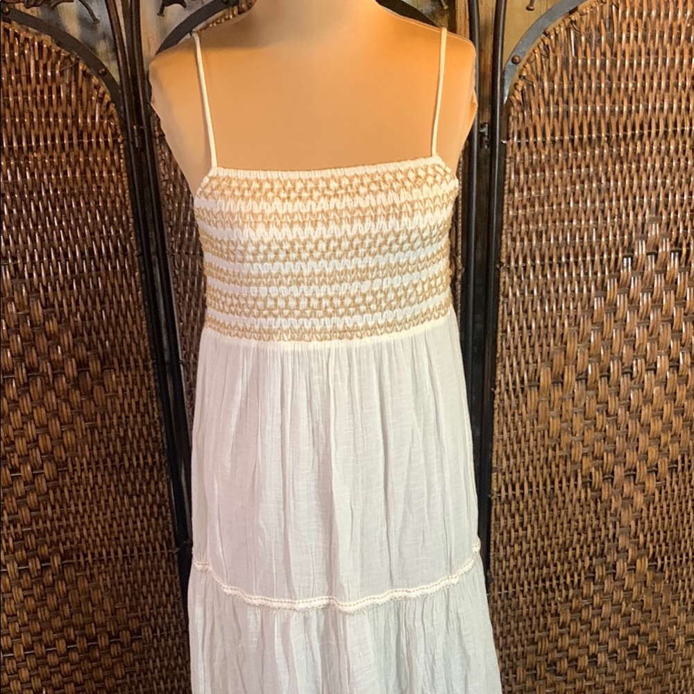 Zara White with Gold Threading Smocked Top Maxi Dress Size M